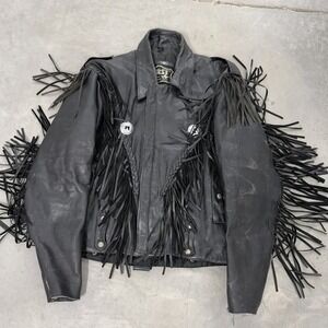 Vintage Black Leather Fringe Biker Jacket Western Concho Moto Coat Large